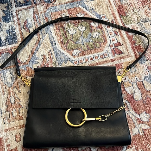 Chloe Black Leather Shoulder Bag with Gold Ring Hardware - Picture 2 of 7